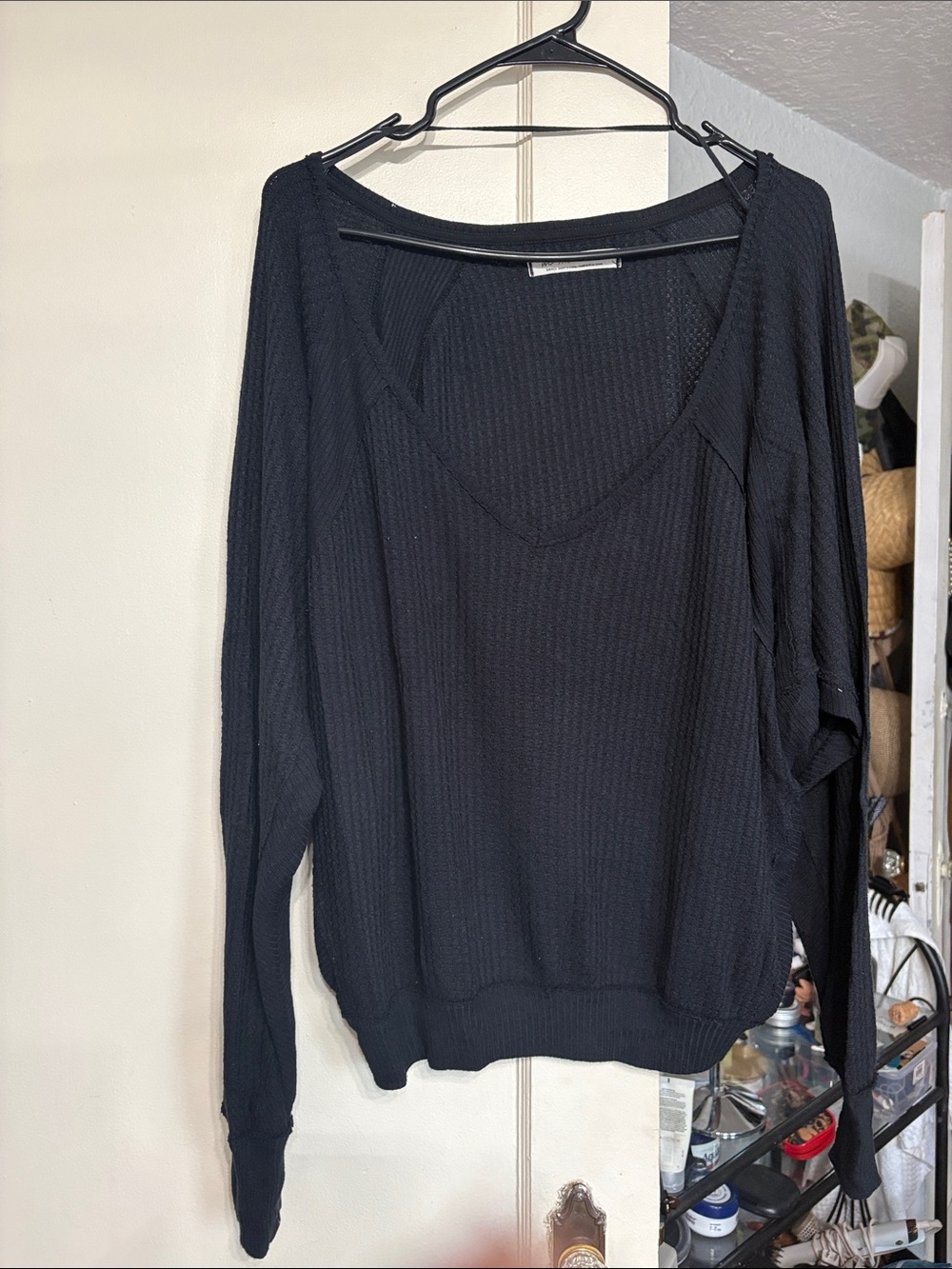 We The Free Black Waffle-Knit V-Neck Sweater